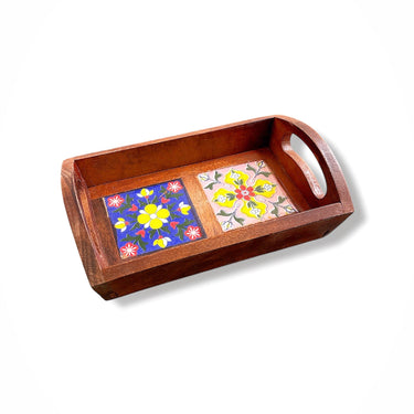 Blue Pottery Wooden Tray 2 Tile