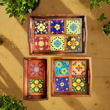 Blue Pottery Serving Tray Set of 3 - Kala Curry