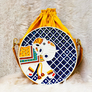 Elephant Lippan Art Handcrafted Potli Bag with Sling