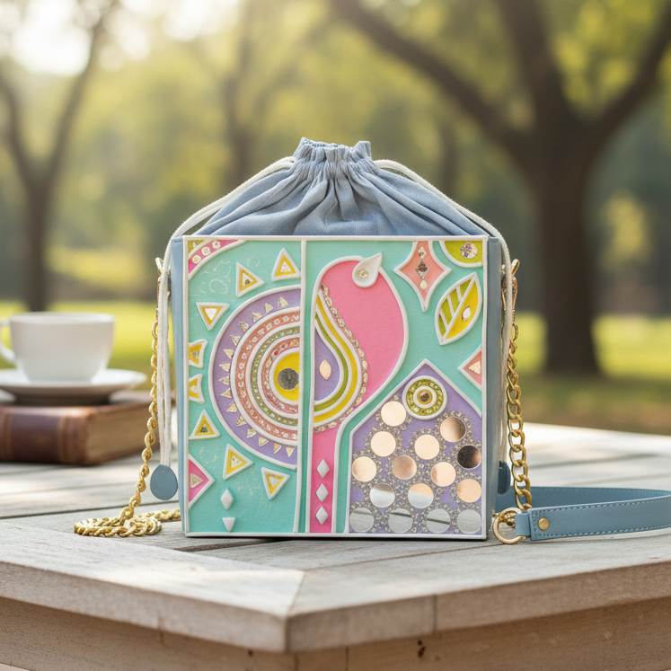 Pastel Peacock Lippan Art  Potli Handcrafted Sling Bag
